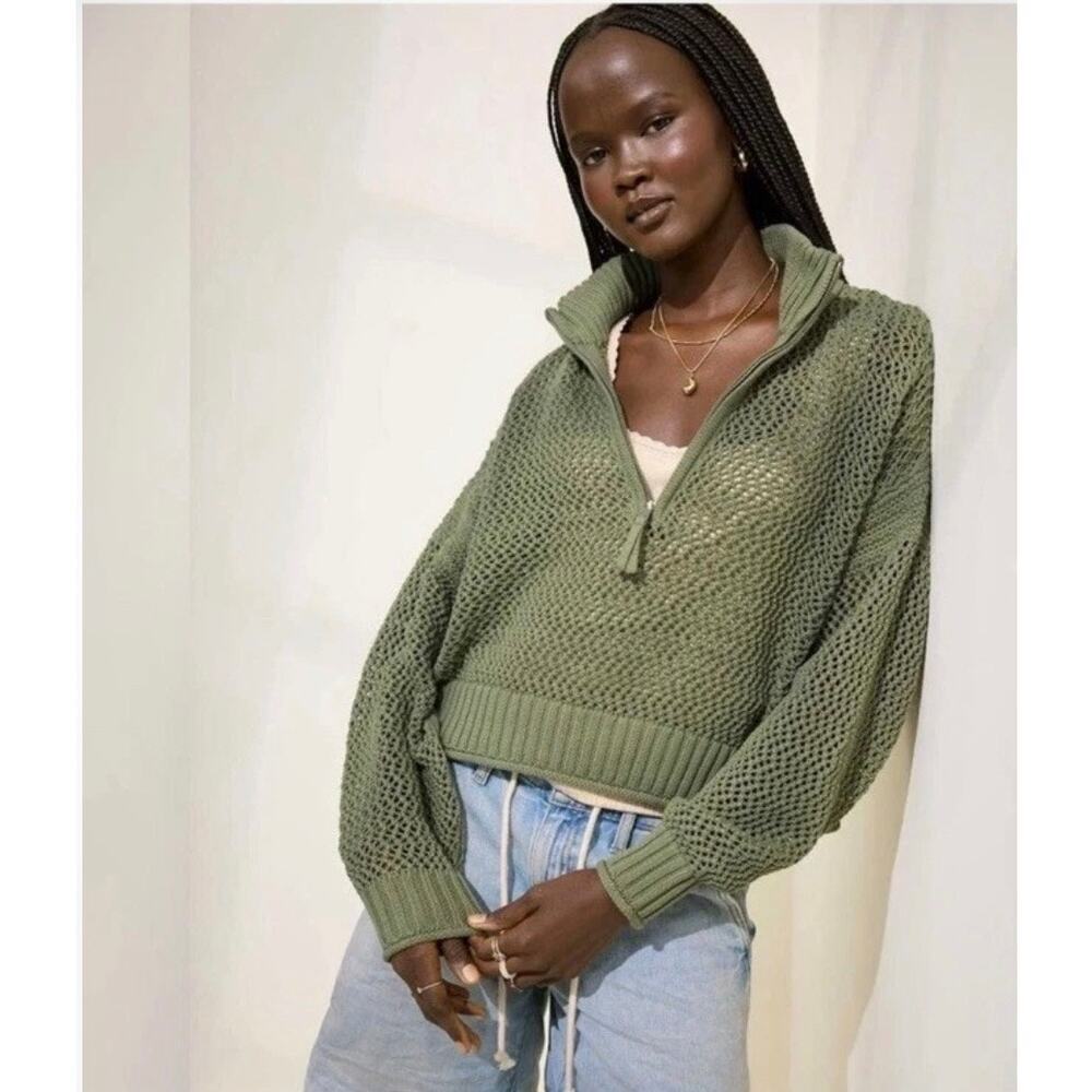Aerie Quarter Zip Loose Knit Cropped Sweater Olive Green Women's Size S